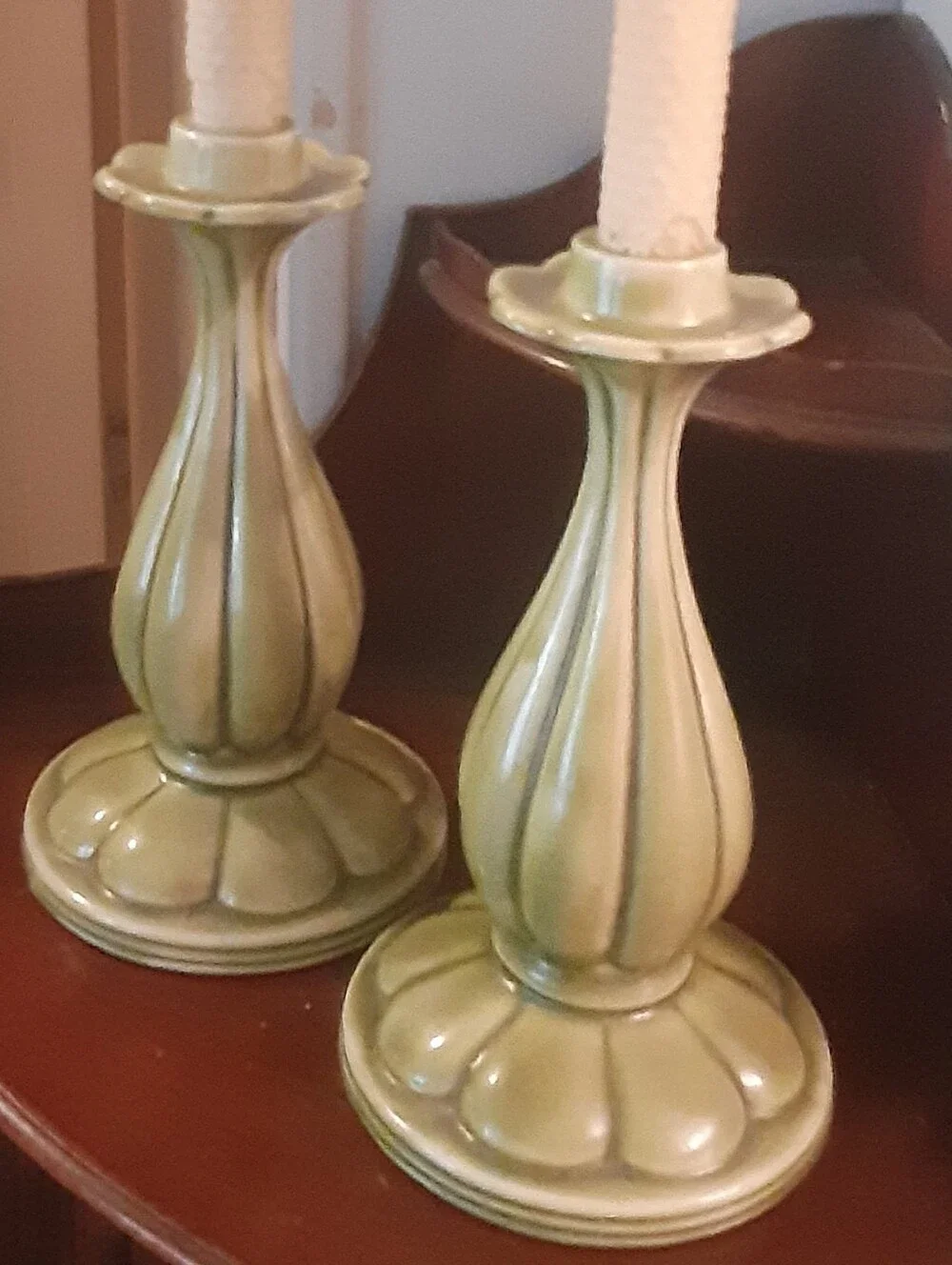 MCM California Pottery Olive Green Floral Ceramic Candlestick Pair ~ 9.25 
